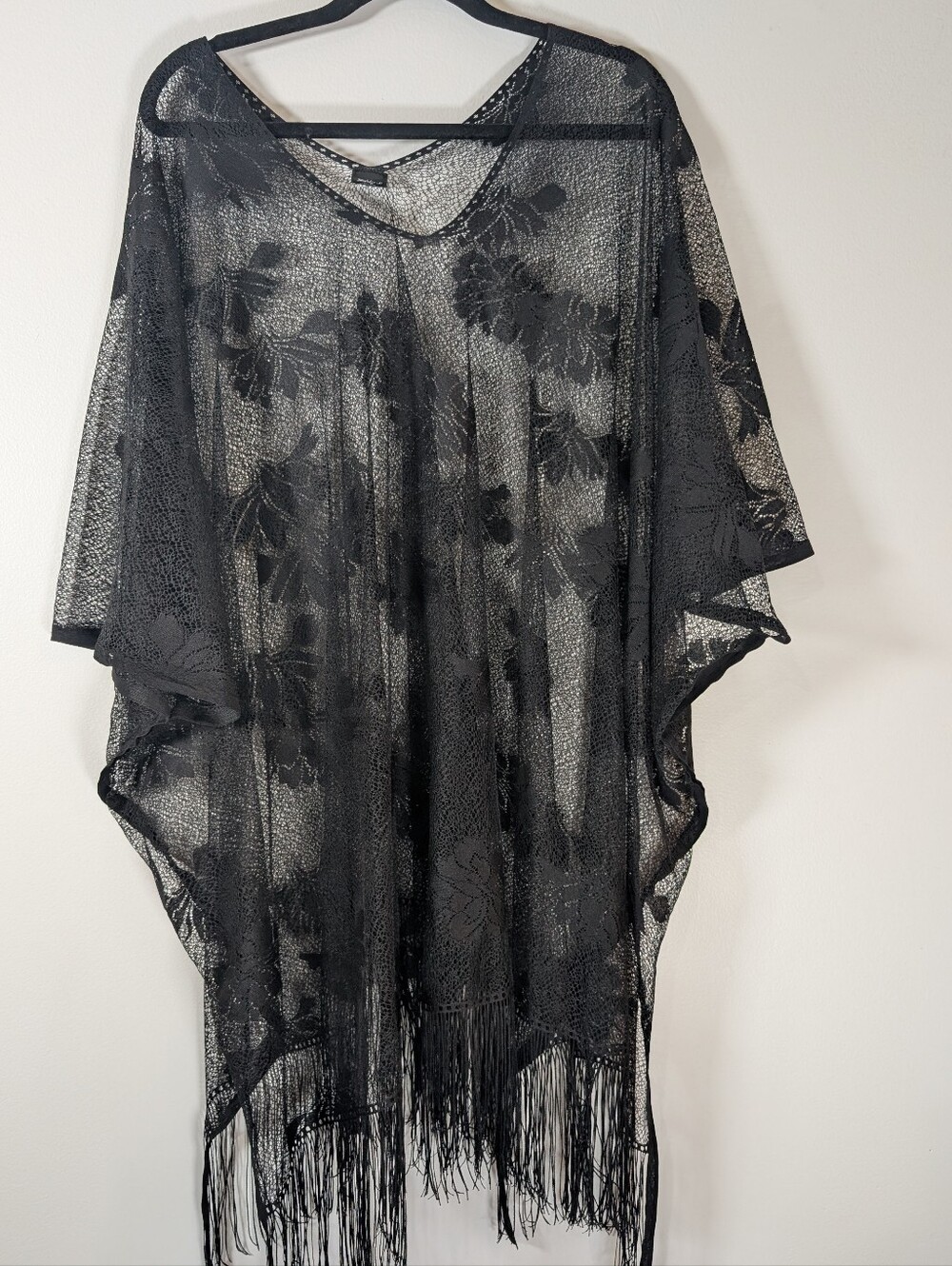 Fashly K Black Sheer Floral Lace Swim Cover-Up/Kimono with Fringe
